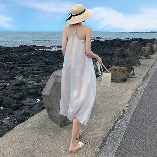 Spaghetti Strap Iridescent Mesh A-line Midi Dress
