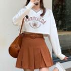 Lettering Cropped Sweatshirt / Pleated Mini A-line Skirt With Belt
