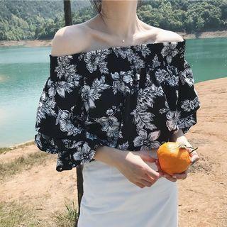 Off-shoulder Floral Print Elbow-sleeve Chiffon Blouse