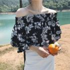 Off-shoulder Floral Print Elbow-sleeve Chiffon Blouse
