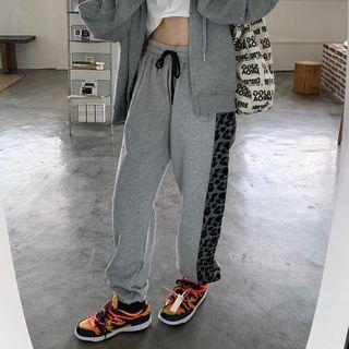 Leopard Print Panel Jogger Pants Gray - One Size
