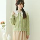 Eyelet Lace-collar Knit Cardigan Green - One Size
