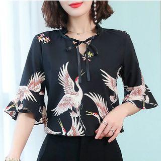 Elbow-sleeve Crane Print Chiffon Blouse