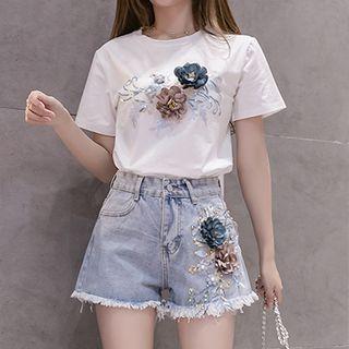 Embellish Denim Shorts / Short-sleeve Top / Set