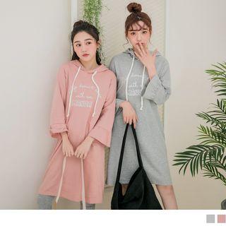 Frilled Trim 3/4 Sleeve Letter Print Drawstring Hood Dress