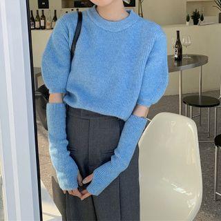 Set: Elbow-sleeve Knit Top + Arm Sleeves