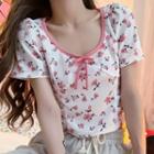 Short-sleeve Floral Print Top White & Red - One Size