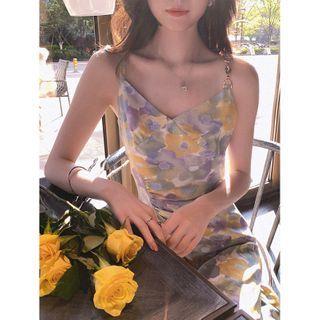 Spaghetti Strap Floral Print Midi A-line Dress / Short-sleeve Blouse