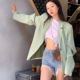 Oversize Long-sleeve Plain Blazer Green - One Size
