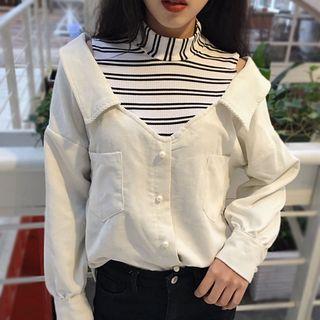 Mock-neck Stripe Mock Two-piece Blouse