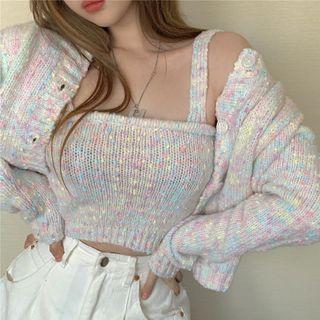 Melange Cardigan / Spaghetti Strap Knit Top