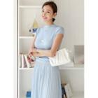 Knit Set: Glittered Cap-sleeve Top + Long Pleated Skirt