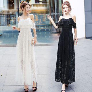 Elbow-sleeve Cold-shoulder Midi A-line Lace Dress
