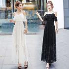 Elbow-sleeve Cold-shoulder Midi A-line Lace Dress