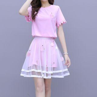 Set: Crochet Trim Short-sleeve Dress + Layered Swan Embroidered Mesh Mini Skirt