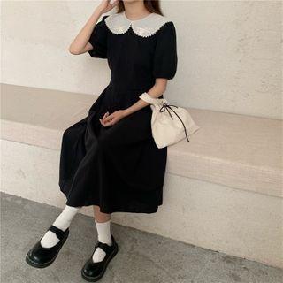 Puff-sleeve Collared Midi A-line Dress Black - One Size