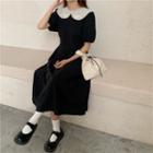 Puff-sleeve Collared Midi A-line Dress Black - One Size