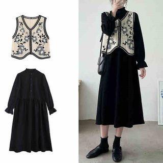Set: Floral Sweater Vest + Long-sleeve Plain Dress