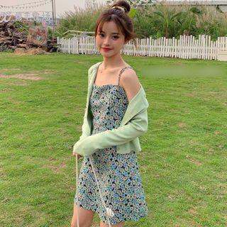 Floral Spaghetti-strap Dress Green Dress - One Size