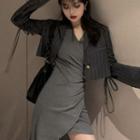 Plain Asymmetric V-neck Long-sleeve Dress / Color-block Striped Long-sleeve Blazer
