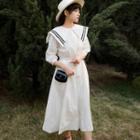 3/4-sleeve Wide Collar A-line Midi Dress
