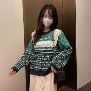 Patterned Ruffle Trim Sweater Sweater - Green - One Size