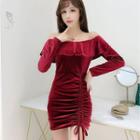 Long-sleeve Off-shoulder Mini Sheath Velvet Dress