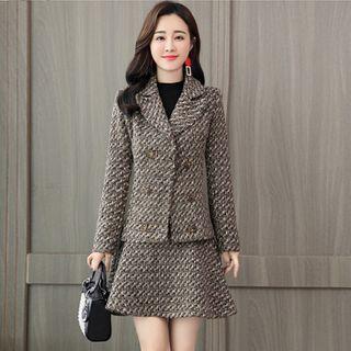 Set: Plaid Double-breasted Coat + Mini A-line Skirt