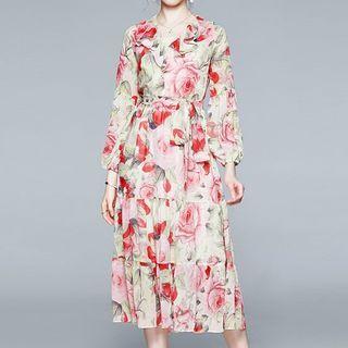 Long-sleeve Ruffled Floral Print Midi A-line Dress
