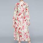 Long-sleeve Ruffled Floral Print Midi A-line Dress