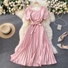Square-neck Tie-waist Pleated Midi A-line Dress