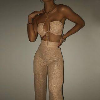 Set: Halter Neck Glitter Crop Top + Wide Leg Pants