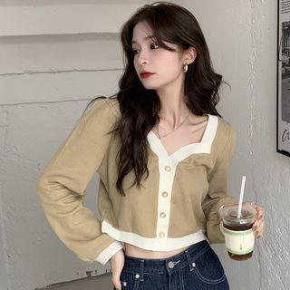 Long-sleeve Contrast Trim Sweetheart Neckline Cardigan