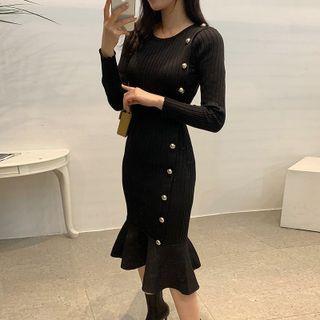 Long-sleeve Ruffle Hem Midi Sheath Dress Black - One Size