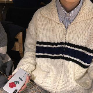 Striped Zip Cardigan Off-white - One Size