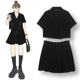 Short-sleeve Double Breasted Shirt / Pleated A-line Mini Skirt