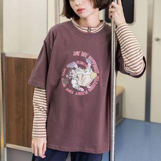 Long-sleeve Striped T-shirt / Short-sleeve Cartoon Print T-shirt