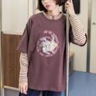 Long-sleeve Striped T-shirt / Short-sleeve Cartoon Print T-shirt