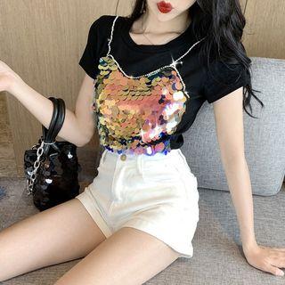Sequined Panel Short Sleeve Top