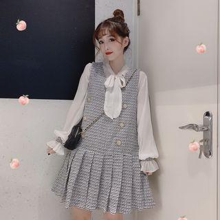 Tie Neck Blouse / Pleated Hem Pinafore Dress