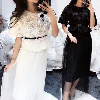Set: Rosette Short-sleeve Top + Mesh Midi Skirt + Belt