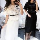 Set: Rosette Short-sleeve Top + Mesh Midi Skirt + Belt