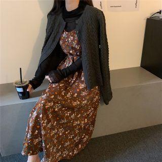 Spaghetti Strap Floral Print Dress / Cable Knit Cardigan