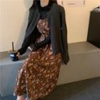 Spaghetti Strap Floral Print Dress / Cable Knit Cardigan