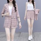 Set: 3/4 Sleeve Plaid Two Button Blazer + High Waist Shorts