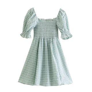 Off Shoulder Short Sleeve Plaid A-line Dress