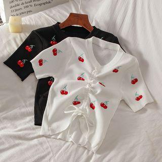 Short-sleeve V-neck Cherry Embroidered Drawstring Knit Top