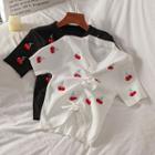 Short-sleeve V-neck Cherry Embroidered Drawstring Knit Top