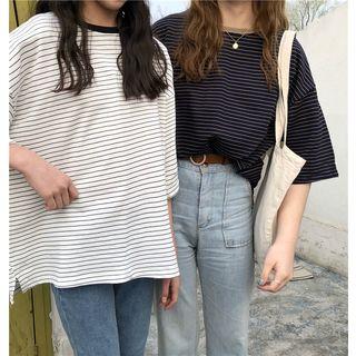 Elbow-sleeve Oversized Striped T-shirt