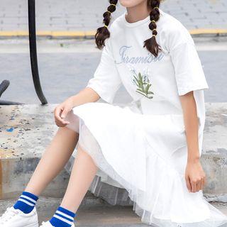 Mesh Hem Flower Embroidered Short Sleeve Midi Dress